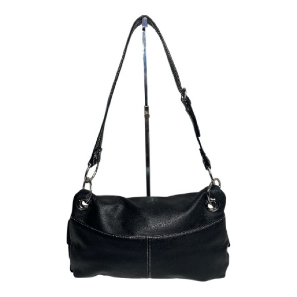 Maxx NY Black Leather Shoulder Bag with Grommet Detailing Fringe Kiss Clasp - Picture 2 of 8